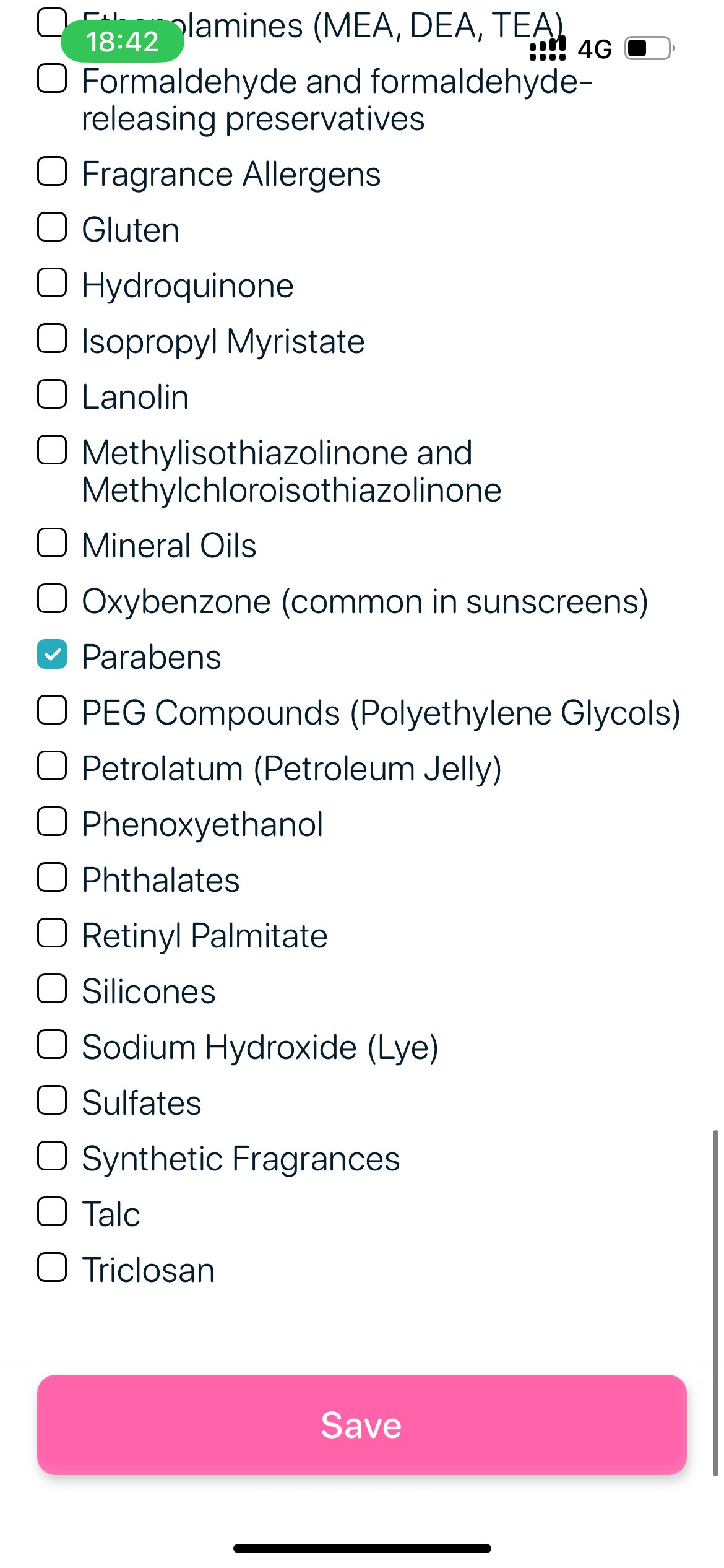 SkinBuddy profile setup screen with “Avoid Parabens” filter enabled for paraben-free skincare