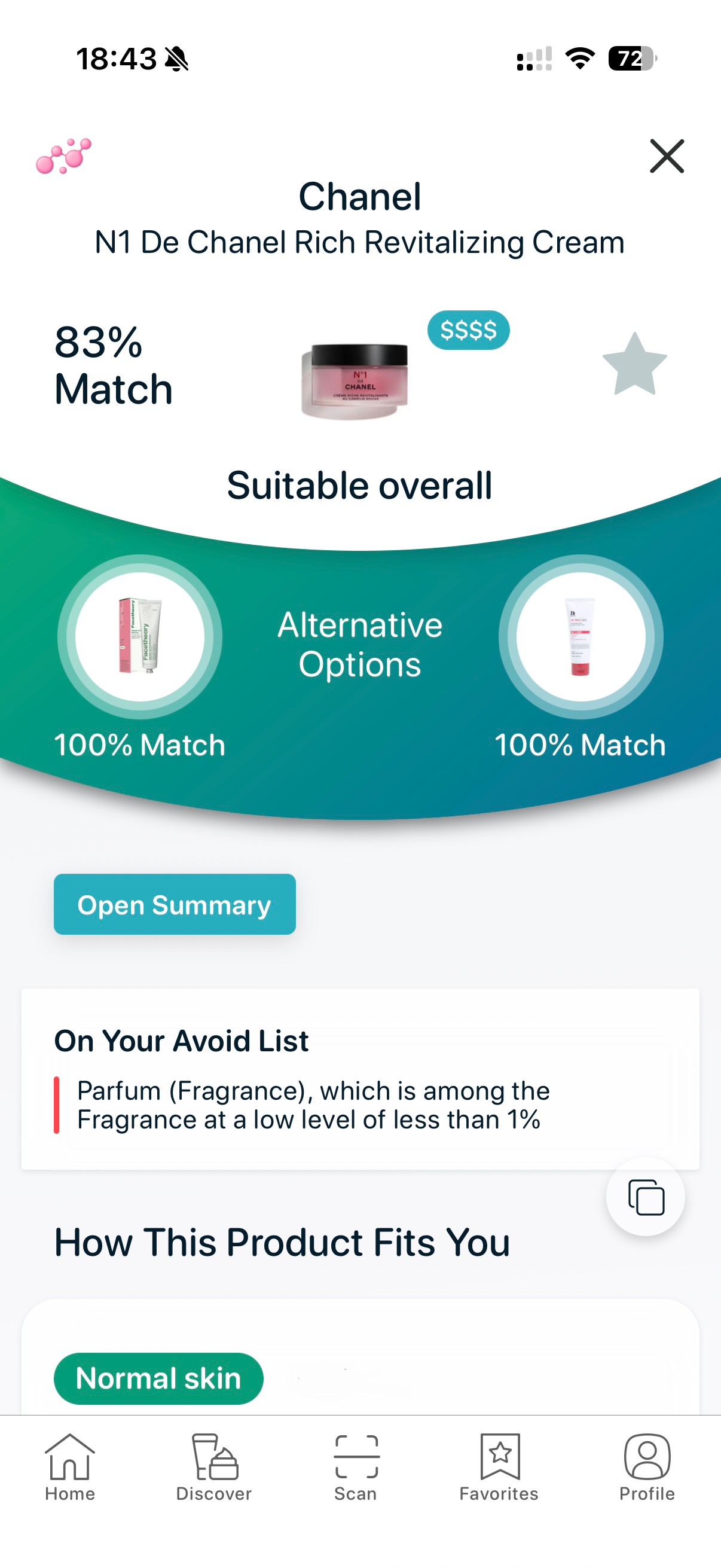 Skincare product with added fragrance flagged in SkinBuddy as less suitable for sensitive and acne-prone skin.