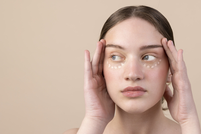 Under eye dark circles with visible pigmentation and shadowing while applying eye cream to the delicate under eye area