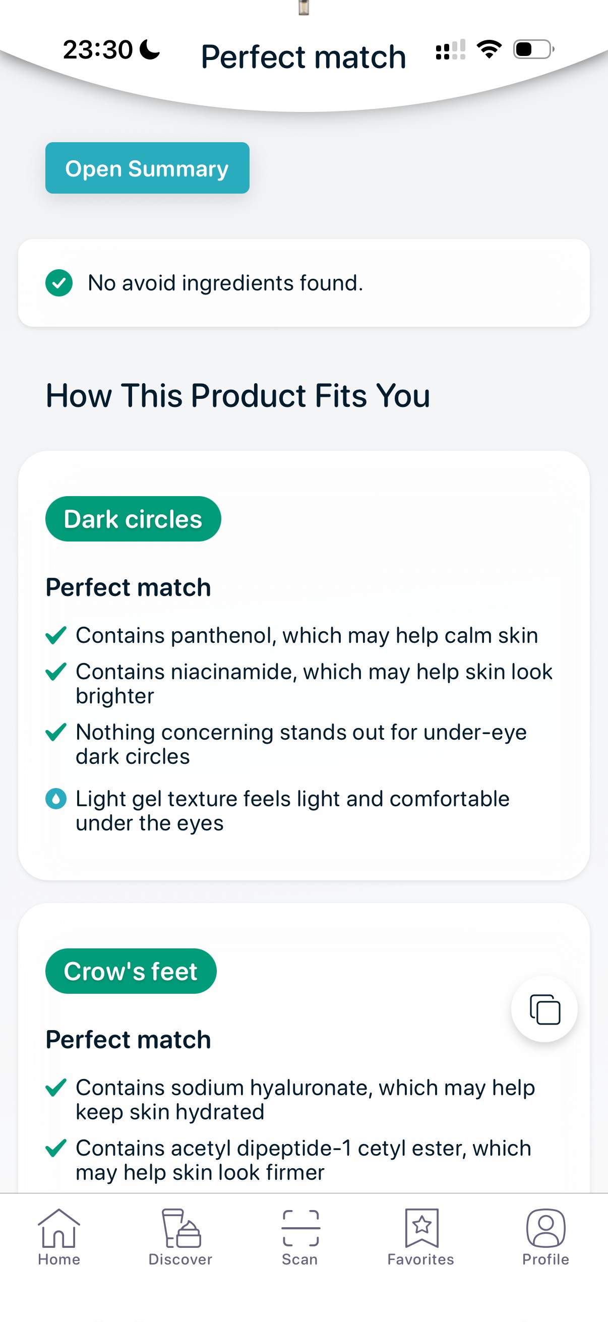SkinBuddy app showing eye cream suitable for dark circles with calming and brightening ingredients like niacinamide and panthenol for under eye care