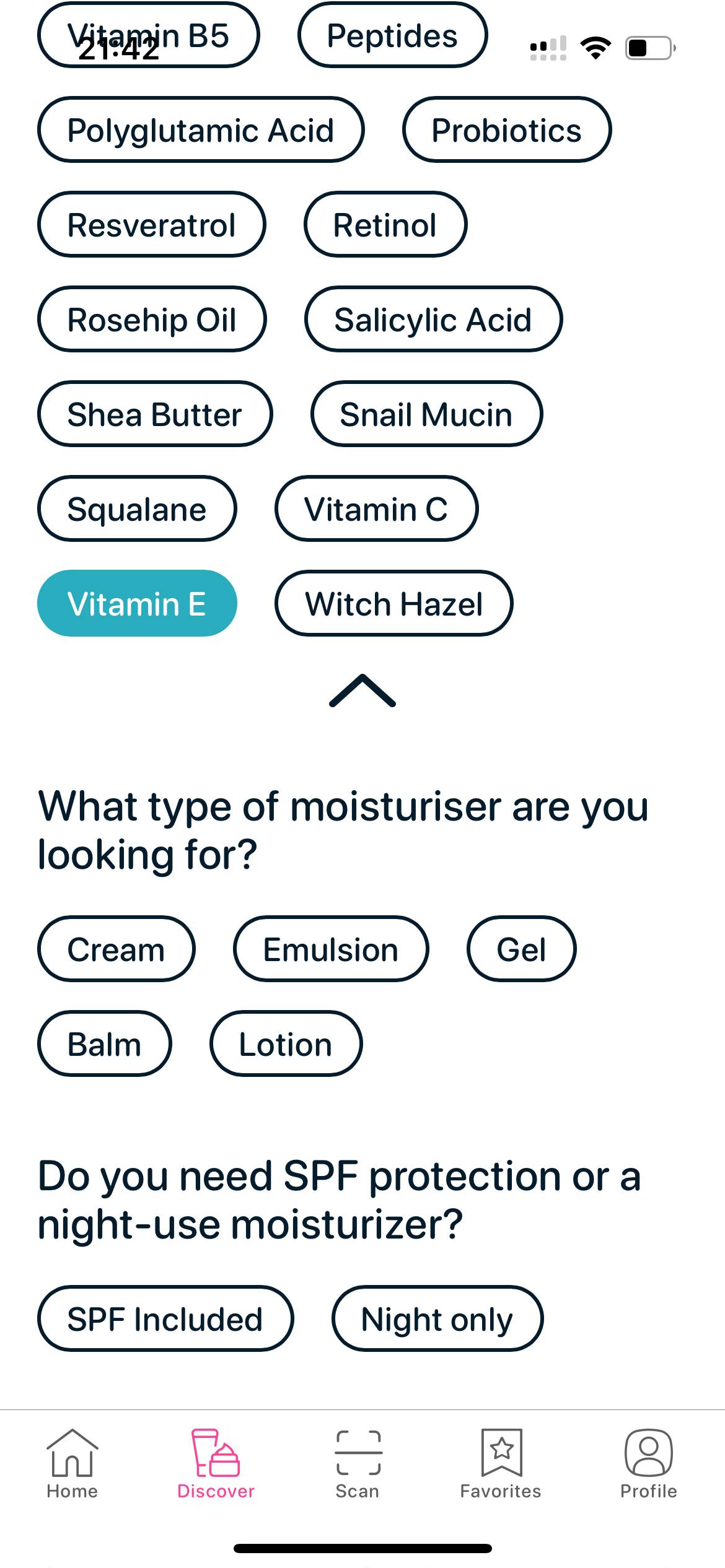 Vitamin E selected from a list of ingredients in the SkinBuddy app to find antioxidant-rich skincare products