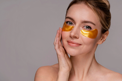 Woman wearing gold under-eye patches to reduce puffiness—skincare for eye bags and tired eyes.